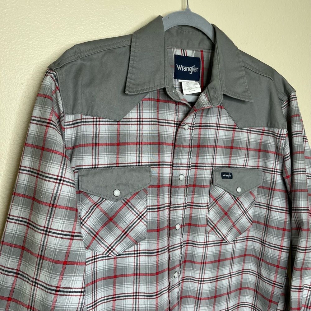 Wrangler Brushpopper Plaid Gray Red Pearl Snap Long Sleeve Shirt Men Size Large - Picture 2 of 13